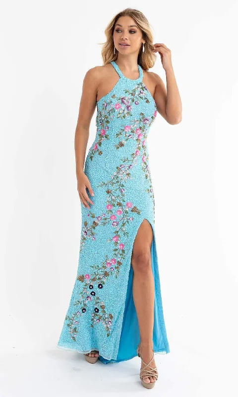 Women's Metallic Evening Gowns-Primavera Couture - 3726 Halter Neckline Floral Sequin Gown